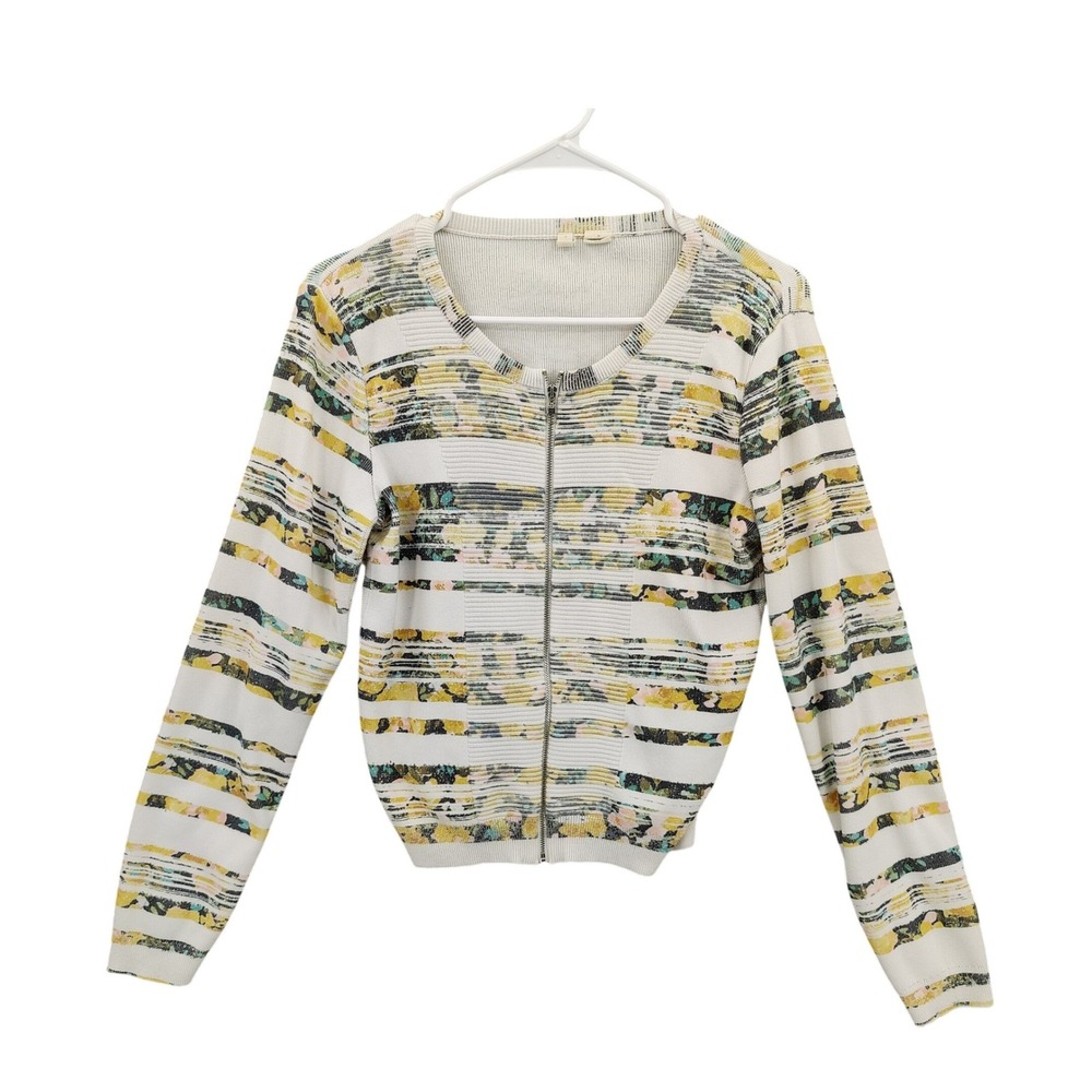 Moth Women Fairy Cottagecore Floral Full Zip Cardigan Sweater M Yellow Striped